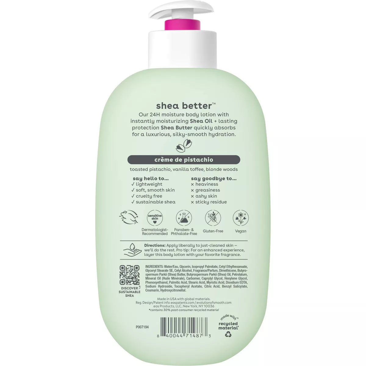Eos Shea Better 24H Moisture Body Lotion - Crème De Pistachio - 16 Fl Oz: Moisturizing, Soothing, Whole Body Use, Hypoallergenic