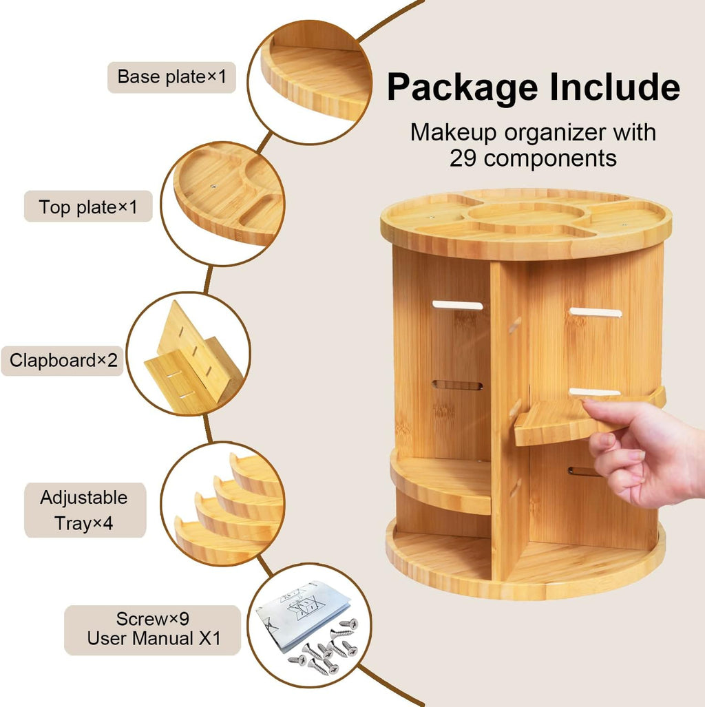 Rotating Bamboo Makeup Organizer,360 Degree Spinning Adjustable Bamboo Vanity Makeup Holder Rack,Large Capacity Cosmetics Storage Display Box,Fits Makeup,Skincare,Cologne (Beige1)