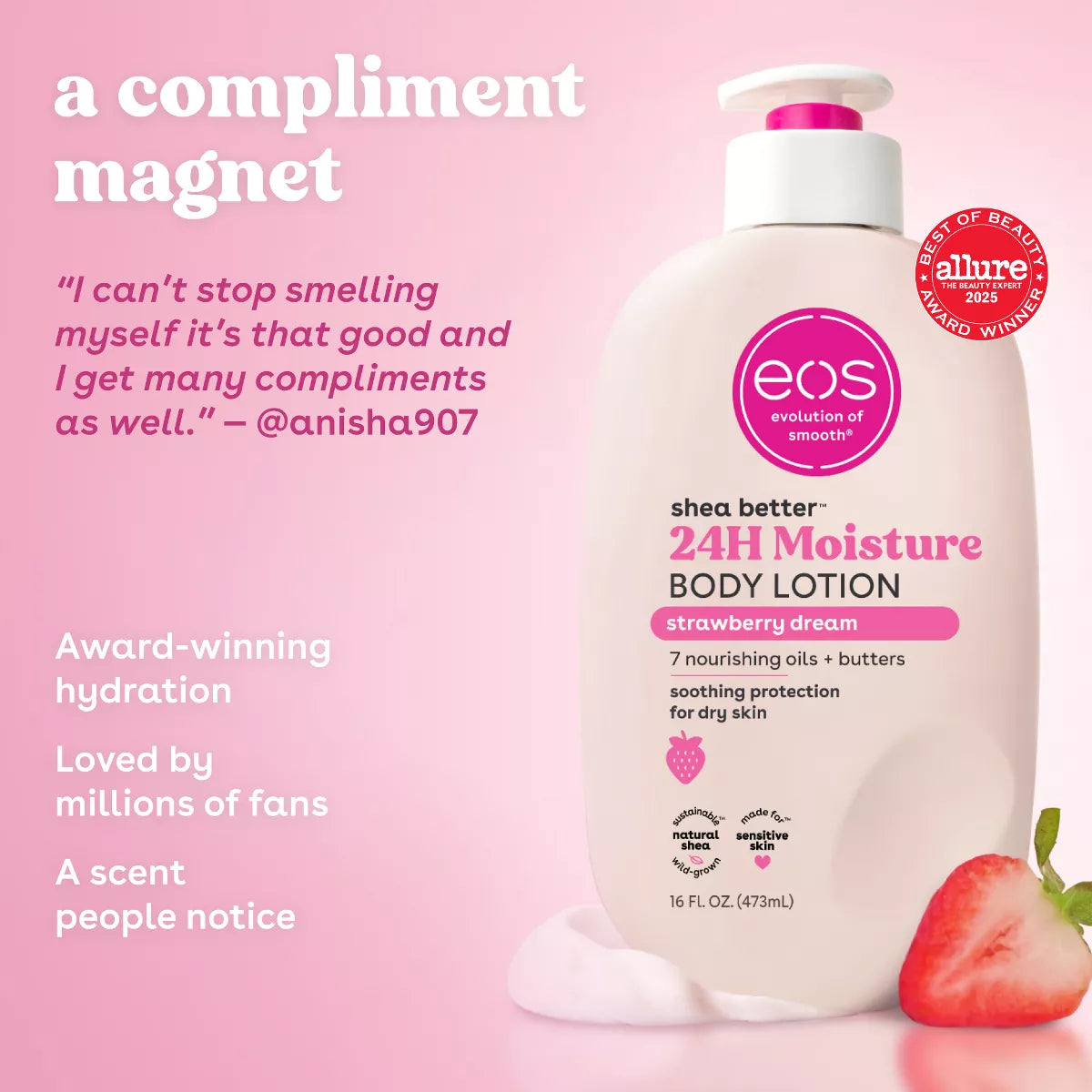 Eos Shea Better 24H Moisture Body Lotion - Strawberry Dream - 16Oz: Whole Body, Bottle, Normal Skin
