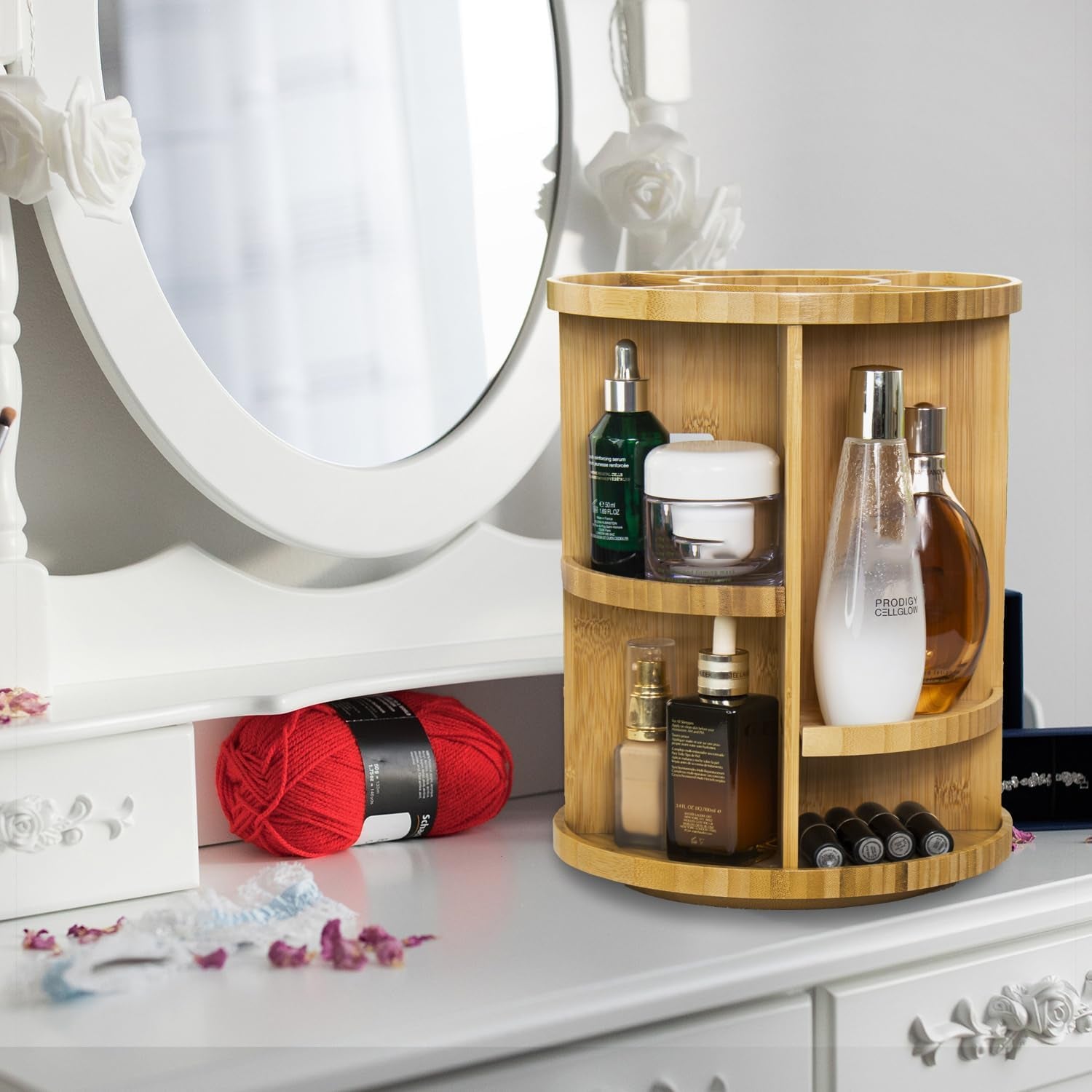 Rotating Bamboo Makeup Organizer,360 Degree Spinning Adjustable Bamboo Vanity Makeup Holder Rack,Large Capacity Cosmetics Storage Display Box,Fits Makeup,Skincare,Cologne (Beige1)