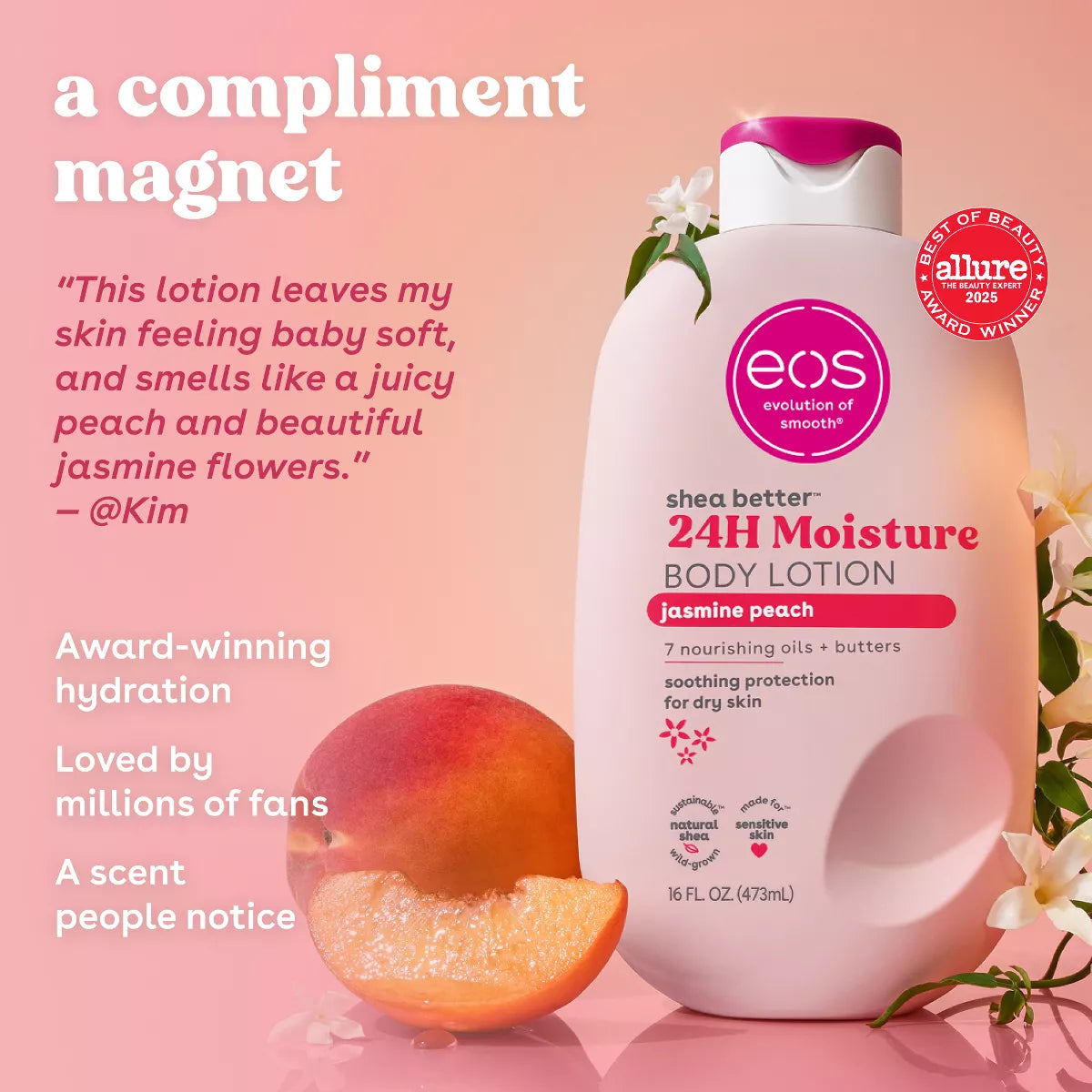 Eos Jasmine Peach Body Lotion - 16Oz: Moisturizing, Soothing, Nourishing, Hypoallergenic