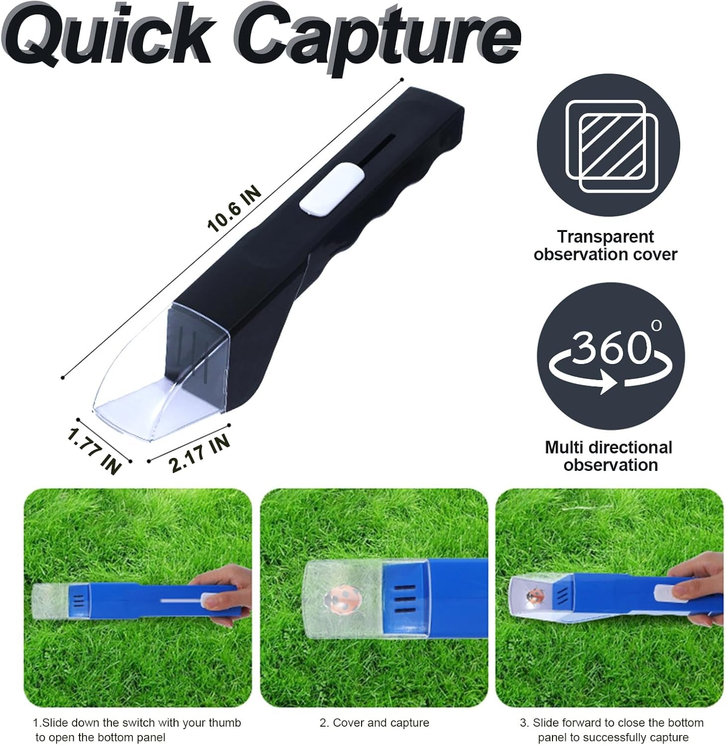2Pcs Small Animals Catcher Quick Release Humane Catching Tool Clear Contactless Observer Kids Adults Nature Exploration Container to Capture Butterflies, Bees, Spiders, Etc (Black+White)