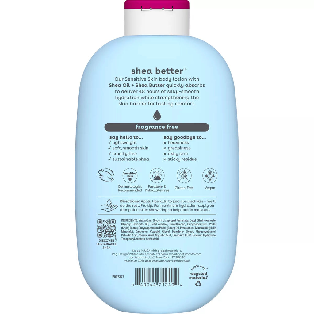 Eos Shea Better 24H Moisture Body Lotion - Fragrance Free - 16 Fl Oz: Whole Body, Bottle, Normal Skin