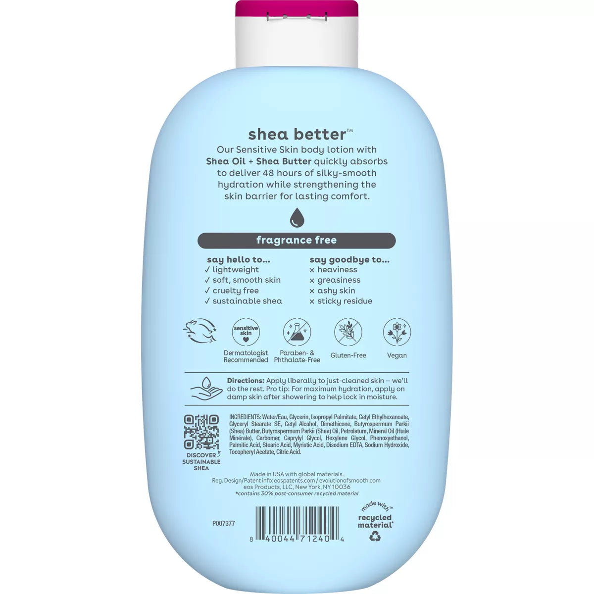 Eos Shea Better 24H Moisture Body Lotion - Fragrance Free - 16 Fl Oz: Whole Body, Bottle, Normal Skin